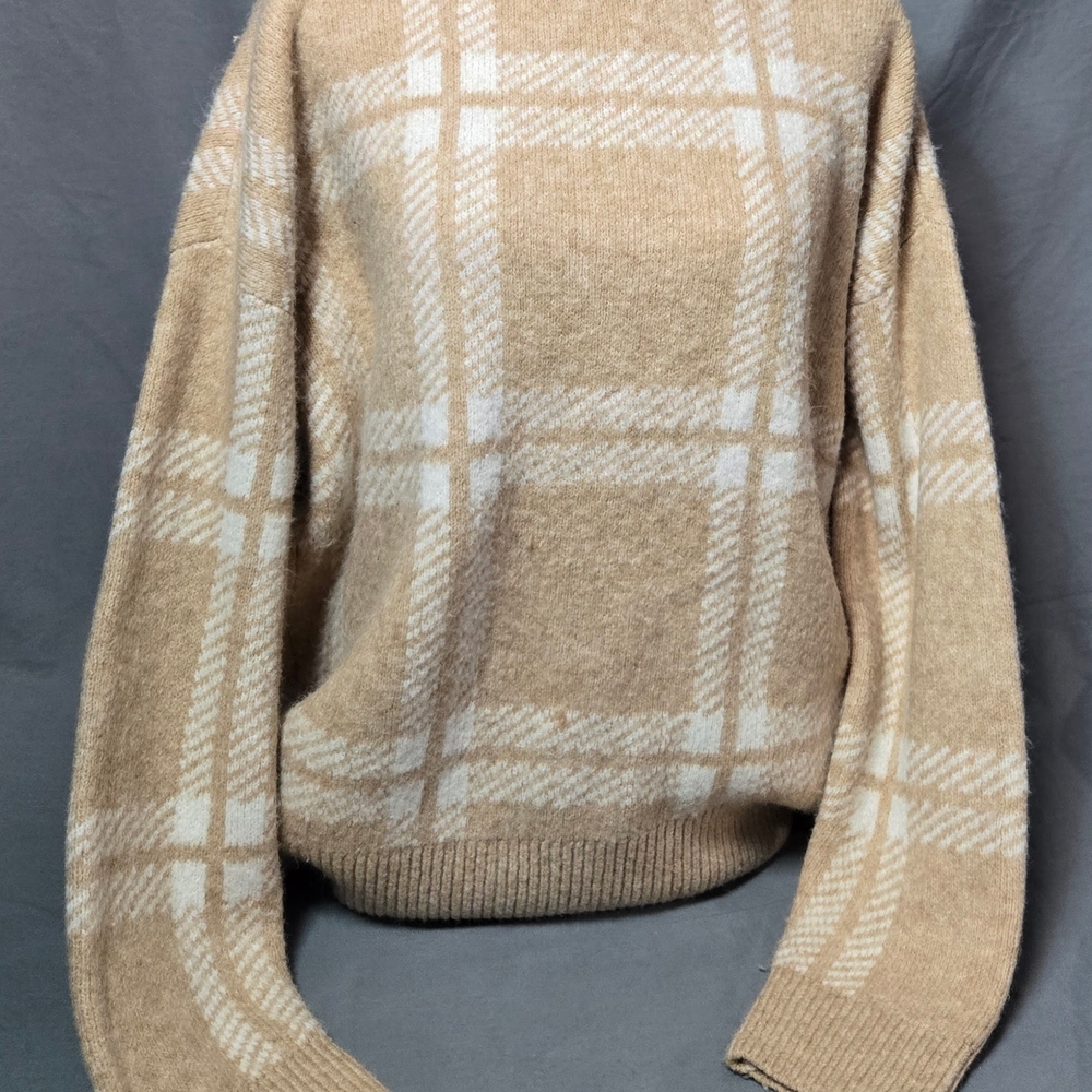 LOFT Outlet Women’s Sweater Large Beige Cream Plaid Knit Pullover Long Sleeve